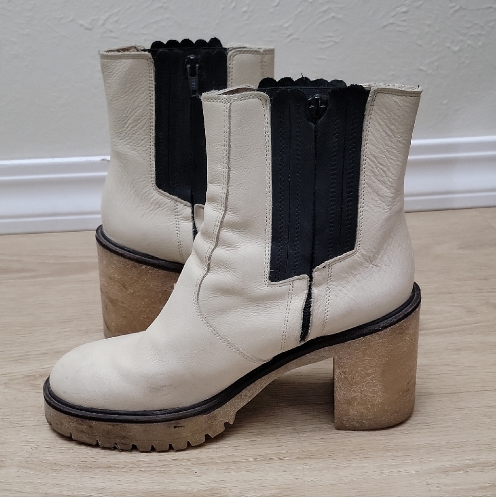 Free People James Cream and Black Chunky Heeled Boots